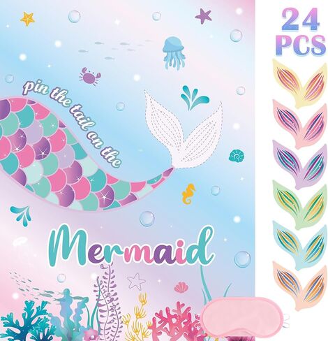WERNNSAI Pin The Tail on The Mermaid Game - 21'' x 28'' Mermaid Party Game 24Pcs Reusable Tails Sticker Party Supplies for Kids Girls Birthday Party Favor Sets in Saudi Arabia