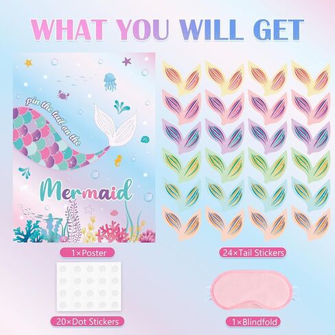 WERNNSAI Pin The Tail on The Mermaid Game - 21'' x 28'' Mermaid Party Game 24Pcs Reusable Tails Sticker Party Supplies for Kids Girls Birthday Party Favor Sets in Saudi Arabia