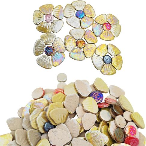 1.1lb Iridescent Flower Ceramic Mosaic Tiles for Crafts, 3 Size Flowers Porcelain Mosaic Pieces for Mosaic DIY,Plates, Flowerpots, Vases,Stepping Stones (White) in Kuwait