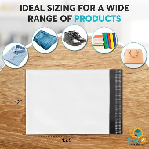 Shop4Mailers 12 x 15.5 Glossy White Plastic Self Seal Poly Mailer Flat Bags Waterproof Shipping Envelope 2.5 Mil for Apparel, Clothes, Shirts, Books – Permanent Adhesive Seal (100 Pack) in Kuwait