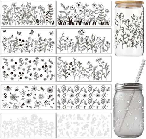 ARRICraft 10 Sheets UV DTF CUP WRAPS لـ 16 OZ COPS CUPS ، 10 أنماط من الزهور البرية ذات الأزهار البرية الصلبة فرك على شارات نقل PVC PVC in Kuwait