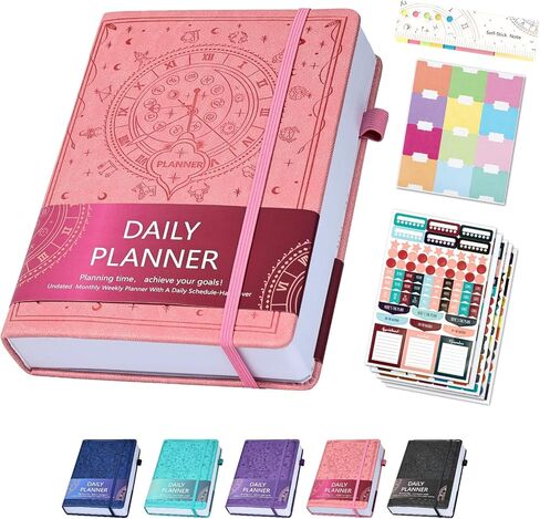 Ospelelf 2025 Leather Undated Daily Planner (5.5 x 8.5''), Weekly & Monthly Life Planner, Organizer Notebook & Productivity Journal. A5 Hardcover with Stickers(Pink) in Kuwait