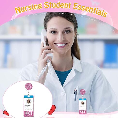 PCT Badge Buddy and Badge Reel Set Nurse PCT Badge Card Pink Vertical Nursing Badge Buddies Badge Reels Retractable for Nurses Student Medical Badge Cards Holder ID Name Office Accessories A1 in Kuwait