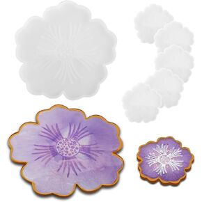 1PCS Large Resin Tray Mold and 5PCS Coaster Molds for Resin Casting Large Flower Silicone molds for Resin Tray Casting Flower Shape Epoxy Resin Casting Molds for DIY, Home Decoration