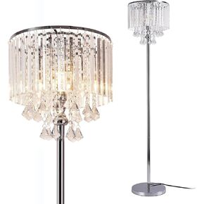 beaysyty Modern Elegance Crystal Floor Lamp, On/Off Foot Switch, Crystal & Glass 3-Lights Standing Light, Reading Corner Lamp for Office Cafe, Den, Living Room Bedroom Chrome Finish