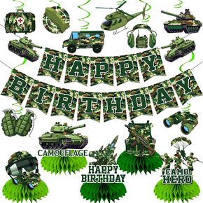 Camo & Army Birthday Party Decorations - Military Banner & Camoflage Hanging Swirls