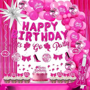Pink Birthday Party Decorations for girls - 110PCS Hot Pink birthday Decorations, happy birthday foil balloons, Hanging Swirls, Hot Pink Balloon Garland Arch Kit for 13th 16th 18th 21st 30th