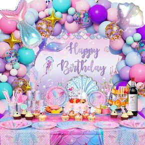 Mermaid Birthday Party Decorations , Mermaid Party Supplies for Girls, Serves 10 Including Balloons Backdrop Banner Tablecloth Plates Cups Cake Topper Napkins Tablewares, 211 PCS