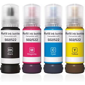 Refill Ink Bottles Compatible with epson 522,High Capacity,Black,Cyan,Magenta,Yellow, 4 Bottles