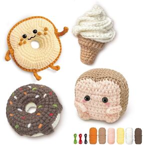 YAMAXIN Crochet Kit for Beginners, Beginner Crochet Kits with Step-by-Step Video Tutorials, Crochet Starter Kit for Adults with Yarn Sets (4pc Butter Toast, Bread, Doughnuts, ice Cream)
