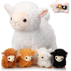 Lenwen 5 Pcs Lamb Stuffed Animal Toys Sets, 14 Inch Mommy Lamb Plush with 4 Cute Babies in Her Zippered Tummy Soft Cuddly Nursery Sheep Plushie for Farm Birthday Baby Shower Easter Gifts(Lovely Style)
