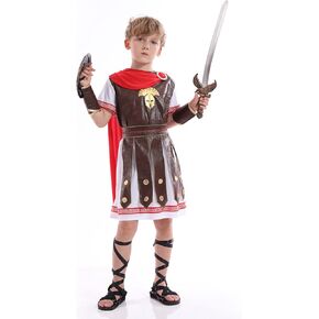 Roman Gladiator Costume Kids，Spartan Warriors Costumes For Child，Fearless Soldier Helmet with Red Cape outfit Boys，Khaki(XL)