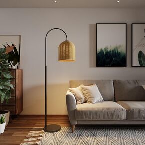 Rattan Floor Lamp, 66in. Boho Floor Lamp with Natural Brown Rattan Shade, Rustic Arc Standing Lamp for Coastal, Beach or Bohemian Style Decor (Coastal-Black)
