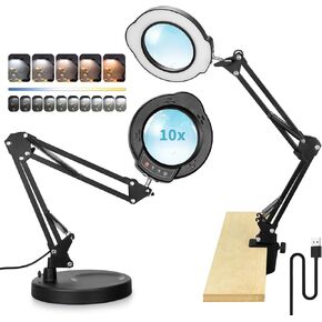 Desk Lamp with LED Lighted, 10X Magnifying Glass with Light and Stand, Magnifier Clamp for Reading Craft Hobby Close Work, 5 Color Modes & Stepless Dimmable