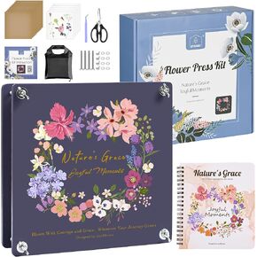 Joy&Grace Large Flower Press Kit with Designed Cover, Includes DIY Album, 10.9" x 10.9", 10 Layers Wooden Flower Pressing Kit for Adults, Plant Preservation Craft Art (Color Box, Purple Navy)