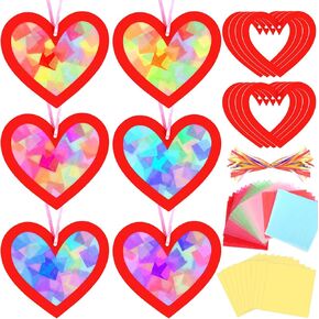 36Pcs Valentine's Day Suncatchers Paper Craft Kit Heart Suncatchers Ornaments DIY Window Art Stained Glass Effect Paper for Window Decor Classroom Crafts Creative Art Projects Kids Party Favors Gift