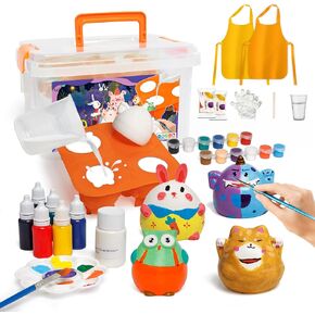 Kiditos DIY 3D Plaster Painting Toy Set,Paint Your Own Figurines,Ideal Birthday Gift for Kids 3+,Creative Arts and Crafts STEM Activities,Ceramic Ornaments with 12 Colors Acrylic,2 Tablecloth&3 Aprons