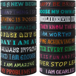 Inspirational Silicone Wristbands, Motivational Bracelets for Students, Back to School Gift, Colorful Positive Message Bands, 20-Pack