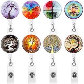 8 Pieces Retractable ID Badge Reel Holder with Alligator Clip Name Tag Holder Cute Badge Holder for Nurse Doctor Office Staff Assistant(Tree)