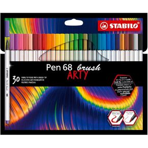 STABILO Premium Fiber-Tip Pen with Brush Tip Pen 68 brush ARTY - Pack of 30 - Coloring Felt Tip Marker, Fine Point, 1mm Tip