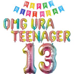 13th Teenager Birthday Party Decorations for Boys Girls, 13th Birthday Decorations OMG Ur A Teenager Balloon Birthday Banner Jumbo Number 13 Foil Balloons for 13 Years Old Sons Daughter(13th Silver)
