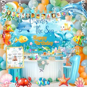 Under the Sea 1st Birthday Party Decorations, Oneder the Sea 1st Birthday Decorations Boy, Ocean Theme First Birthday Decorations, Backdrop Ocean Animal Balloons Garland Cake Topeer