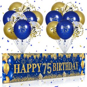 75th Birthday Decorations for Men Women Blue and Gold,Navy Blue Gold Birthday Party Yard Banner 18 PCS 75th Happy Birthday Balloons for 75 Years Old Anniversary Birthday Party Supplies Outdoor Decor