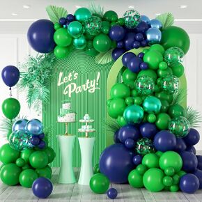 124pcs Blue and Green Balloon Arch Kit, Navy Blue Dark Green Balloon Garland, Metallic Blue and Green Balloons with Confetti Balloon for Baby Shower Birthday Party Decoration