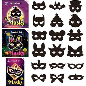 Scratch Rainbow Painting Face Masks Mask Mask موضوع عيد ميلاد لحزب المستلزمات زخارف عيد الهالوين لباس أزياء مجموعة DIY Crafts Kit Supplies for Boys Girls (18pcs)
