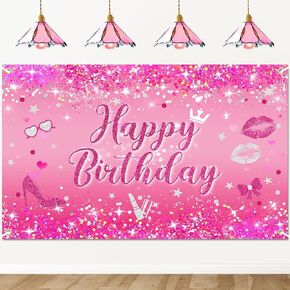 Avezano Hot Pink Happy Birthday Banner Glitter Hot Pink Birthday Party Decorations Pink Happy Birthday Sign Decoration Banner for Women Girl 70.8 x 43.3 Inch