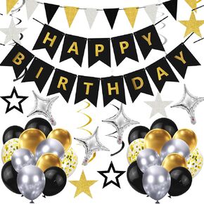 59PCS Happy Birthday Party Decorations Happy Birthday Banner Silver and Black Balloons for Boys Men Girls Women 16th 18th 20th 21st 25th 30th 40th 50th 60th Birthday Party Decorations