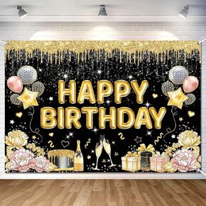 Happy Birthday Banner Backdrop for Women Girls Black and Gold Happy Birthday Sign Decorations Supplies Large Glitter Gold Balloons Party Banner Photography Background 5x3ft
