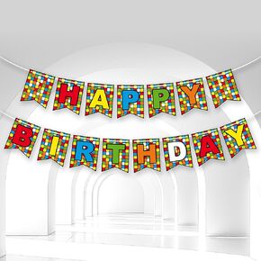 Colorful Cube Birthday Banner Plaid Block Puzzle Game Themed Decor with Colorful Letters for Kids Boys Girls Birthday Party Baby Shower Favors Decorations Supplies BECKTEN