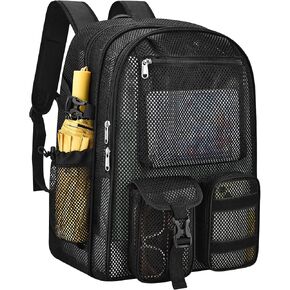 Mesh Backpack for School,with Inner Laptop Compartment,Semi-transparent Bookbag with Bungee and Comfort Padded Straps for Beach, Swimming, Sports, Work, Travel-Black