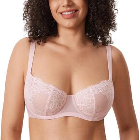 DELIMIRA Women's Balconette Lace Bra Plus Size Sexy See Through Unlined Underwire Bras