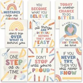 Hadley Designs Motivational Posters for Classroom - 9 Growth Mindset Wall Art for Teachers, Durable Classroom Decorations for Elementary & Middle School, Teacher Supplies, Muted Rainbow Theme