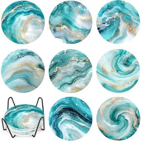8 Pcs Teal Marble Ocean Diamond Art Coasters Crafts Kits with Holder for Adults