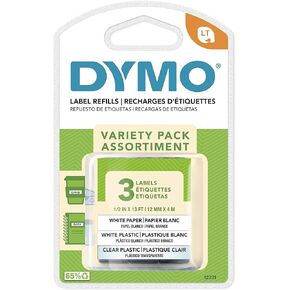 DYMO LT Labels Variety Pack, 1/2-Inch x 13-Foot Rolls, Black Print, 3 Rolls, for LetraTag Label Makers