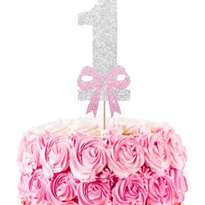 Pink Bow 1 Cake Topper, Coquette 1st Birthday Cake Topper for Girls, One Year Old Girl Birthday Cake Decor, Coquette Themed Baby Shower Party Decoration - Pink Glitter