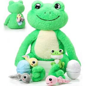 Syhood 7 Pcs Cute Frog Plush Toy Set for Kids 24 Inch Large Long Leg Mommy Frog Stuffed Animal with 4 Baby Frog Tadpoles Plushies Inside Zippered Belly for Kids Birthday Holiday Graduation Gifts