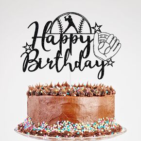 Glitter Baseball Birthday Cake Topper - Happy Birthday Cake Topper, Sport Birthday Cake Pick, Baseball Theme Birthday Party Decoration Black