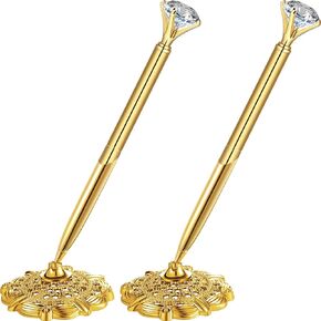 Outus 2 Pieces Hollow Round Pen Holder Signing Pen Set for Wedding Bridal Engagement Guests Book Valentine‘s Day Favor (Gold Diamond Style)