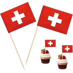 100 PCS Switzerland Flag Swiss Swiss Tounpick Flags ، Cocktail Picks Mini Stick Cupcake Topcake Picks Country Decoration احتفال كوكتيل طعام البار.