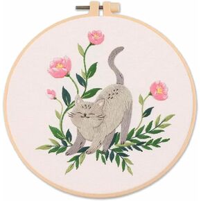 Huacan Classic Embroidery Stitches Practice Kit, Embroidery Kit for Beginners with Stamped Embroidery Patterns, Beginner Embroidery Kit for Adults Flowers and Cat Patterns (Cat C)