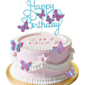 TIESOME 13 PCS Happy Birthday Butterfly Cake Topper, Cupcake Toppers Happy Birthday Topper Beautiful Glitter Butterfly Party Supplies Suitable for Women Girls Birthday Celebrations (Pink)