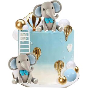 Baby Elephant Cake Topper with Blue Elephant Hot Air Balloon 20 pcs Balls for Elephant Theme Birthday Baby Shower