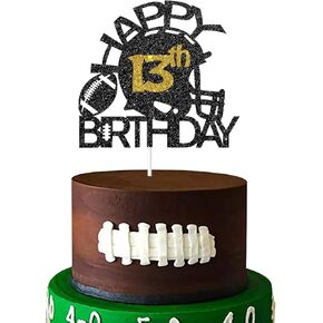 Black & Gold Glitter Football Happy 13th كعكة عيد الميلاد Topper ، كرة القدم 13th عيد ميلاد الديكور ، موضوع كرة القدم السعيد 13th حفلة عيد ميلاد (13)