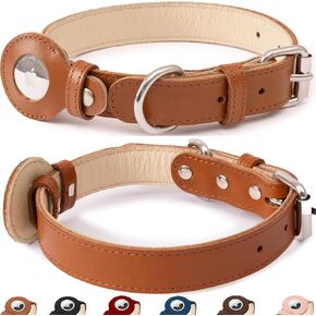 Genuine Leather Dog Collar with Apple AirTag Holder for Small Medium Large Extra Large Puppy Dogs, Metal Buckle, Heavy Duty Top-Grain Soft Leather Padded Dog Collar (Light Brown, S, 10"-15" Neck Fit)