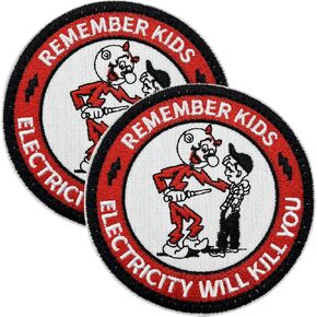 Bundle 2pcs Remember Kids Electricity Will Kill You Patch, Funny Tactical Morale Patches, 3.15" Inches Sized, Hook Loop Fastener Patch for Backpack, Caps, Hats, Vest, Military Uniforms Jeans