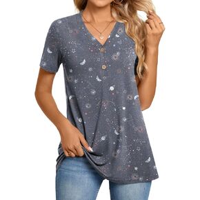 BISHUIGE Womens Henley Tunic Tops Button Up Tshirts Short Sleeve Vneck Casual Blouses